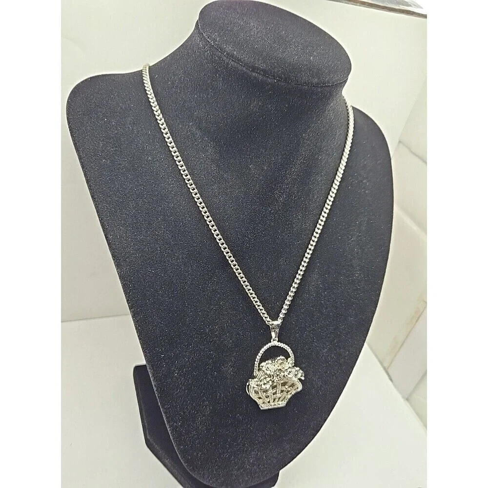 Xanadu Flower Basket Silver Tone Pendant Necklace Watch Quartz New Battery Rare